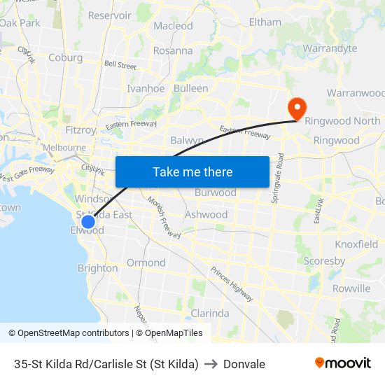 35-St Kilda Rd/Carlisle St (St Kilda) to Donvale map