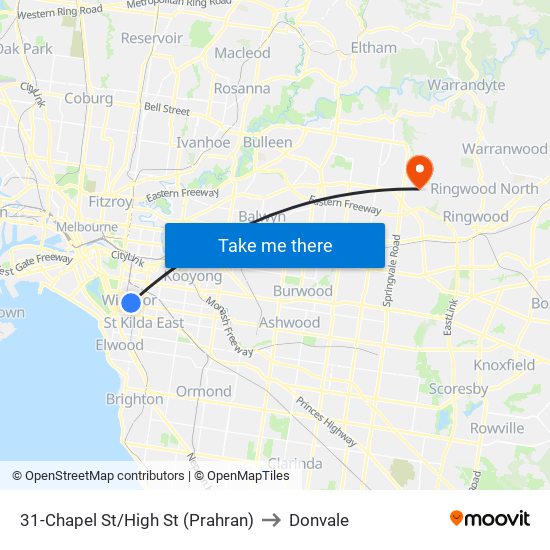 31-Chapel St/High St (Prahran) to Donvale map