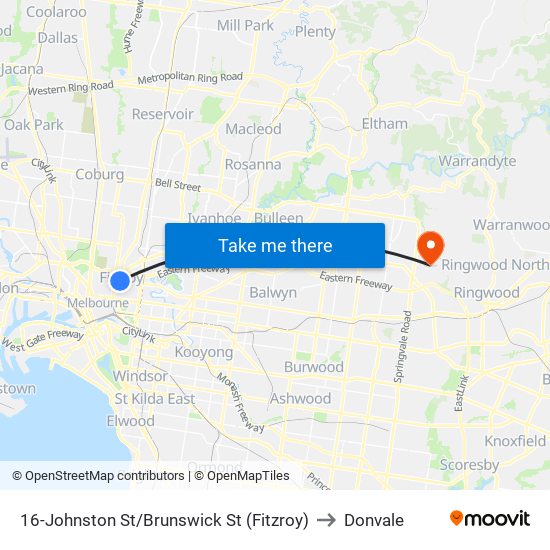 16-Johnston St/Brunswick St (Fitzroy) to Donvale map