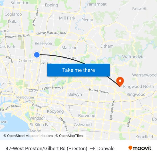 47-West Preston/Gilbert Rd (Preston) to Donvale map