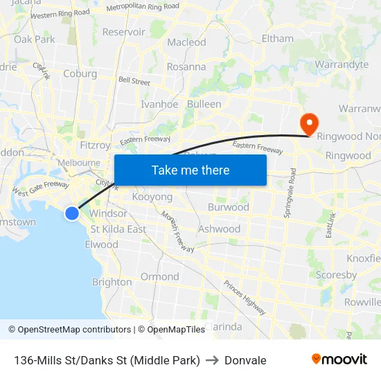 Mills St/Danks St #136 to Donvale map