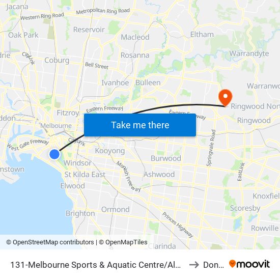 131-Melbourne Sports & Aquatic Centre/Albert Rd (Albert Park) to Donvale map