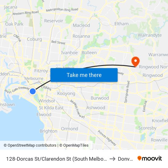 128-Dorcas St/Clarendon St (South Melbourne) to Donvale map