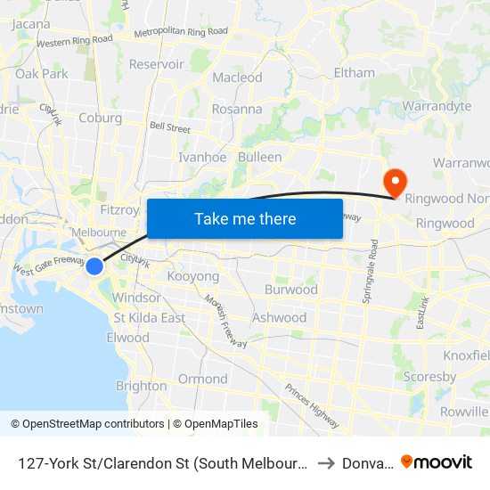 127-York St/Clarendon St (South Melbourne) to Donvale map