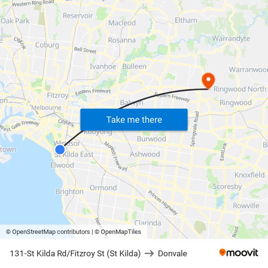 131-St Kilda Rd/Fitzroy St (St Kilda) to Donvale map