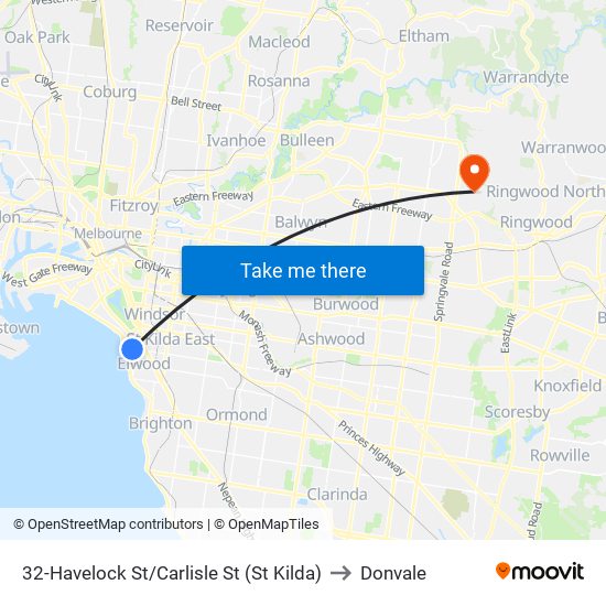 32-Havelock St/Carlisle St (St Kilda) to Donvale map