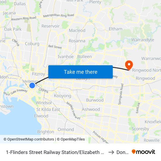 1-Flinders Street Railway Station/Elizabeth St (Melbourne City) to Donvale map