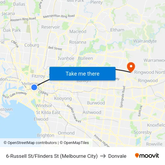 Russell St/Flinders St #6 to Donvale map