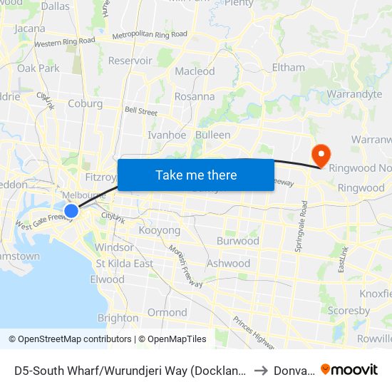 D5-South Wharf/Wurundjeri Way (Docklands) to Donvale map