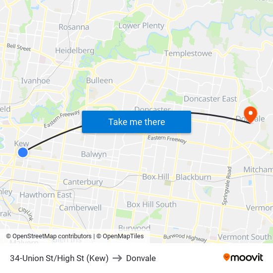 34-Union St/High St (Kew) to Donvale map