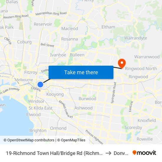 19-Richmond Town Hall/Bridge Rd (Richmond) to Donvale map