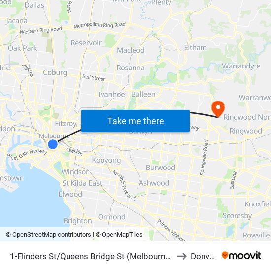 1-Flinders St/Queens Bridge St (Melbourne City) to Donvale map