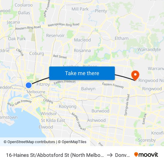 16-Haines St/Abbotsford St (North Melbourne) to Donvale map