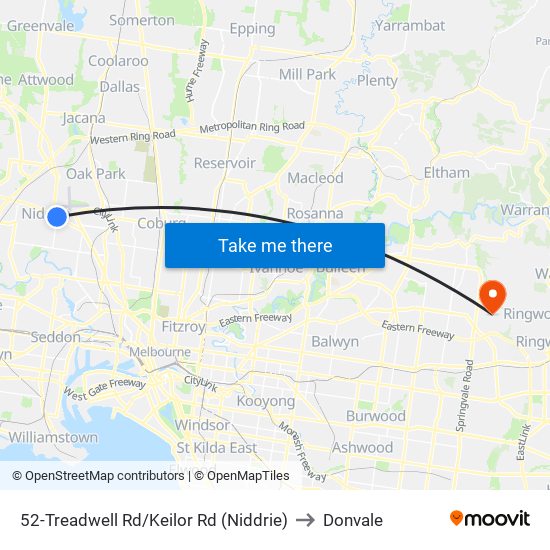 52-Treadwell Rd/Keilor Rd (Niddrie) to Donvale map