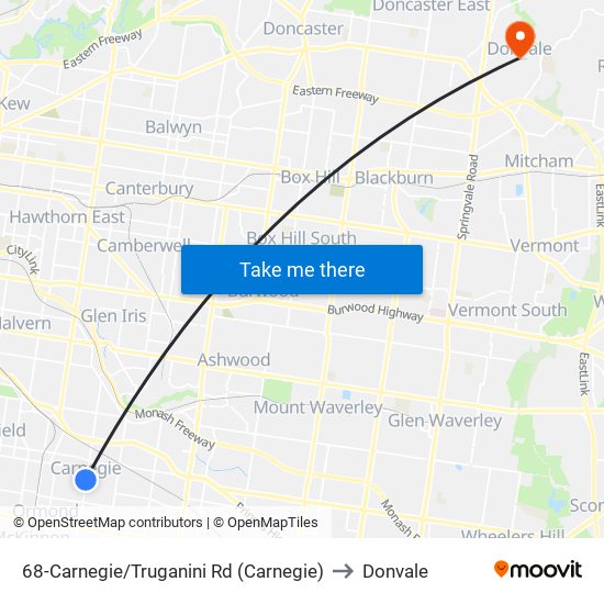 68-Carnegie/Truganini Rd (Carnegie) to Donvale map