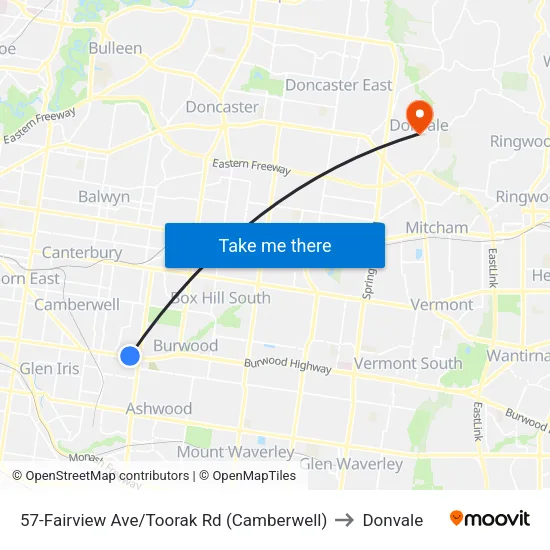 Fairview Ave/Toorak Rd #57 to Donvale map