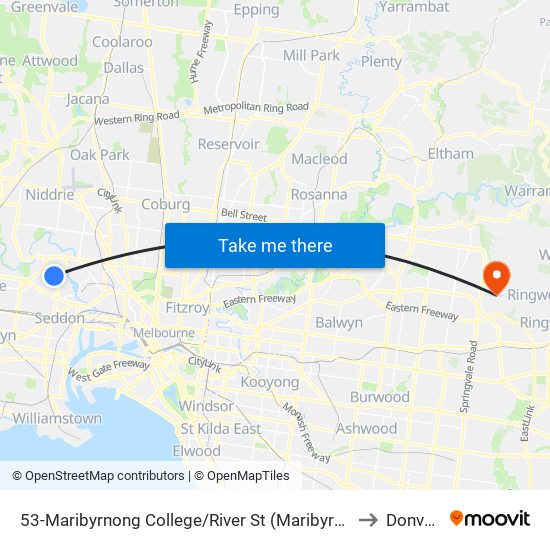 53-Maribyrnong College/River St (Maribyrnong) to Donvale map