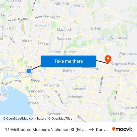 11-Melbourne Museum/Nicholson St (Fitzroy) to Donvale map