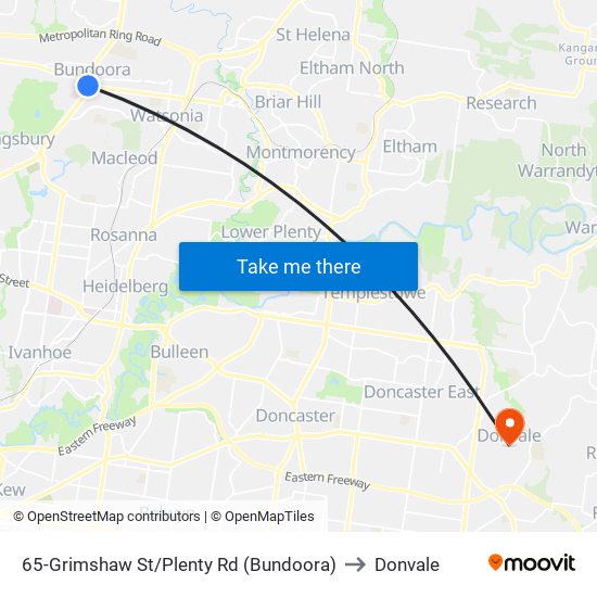 65-Grimshaw St/Plenty Rd (Bundoora) to Donvale map