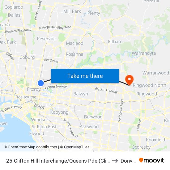25-Clifton Hill Interchange/Queens Pde (Clifton Hill) to Donvale map