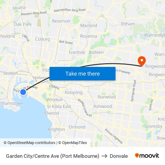 Garden City/Centre Ave (Port Melbourne) to Donvale map