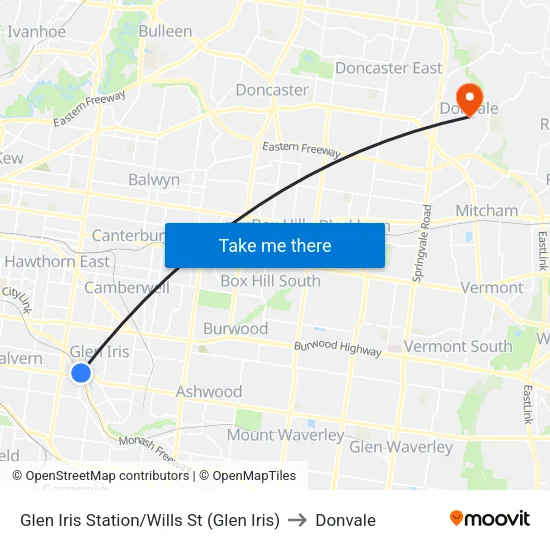 Glen Iris Station/Wills St to Donvale map