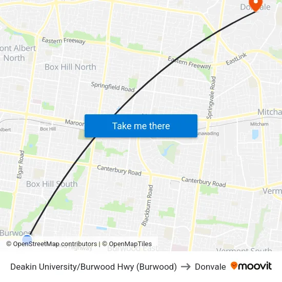 Deakin University/Burwood Hwy to Donvale map