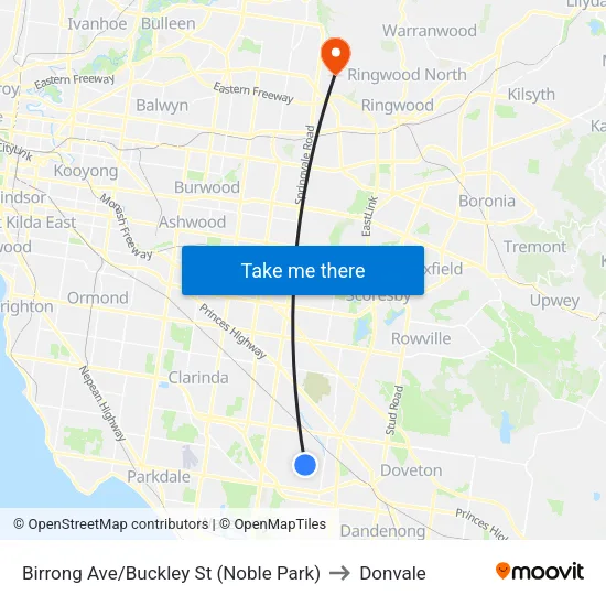 Birrong Ave/Buckley St to Donvale map