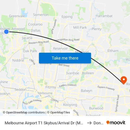 Melbourne Airport T1 Skybus/Arrival Dr to Donvale map