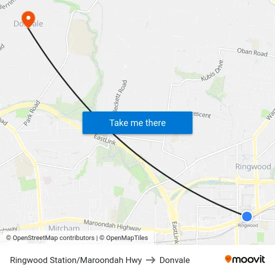 Ringwood Station/Maroondah Hwy to Donvale map