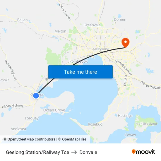 Geelong Station/Railway Tce to Donvale map