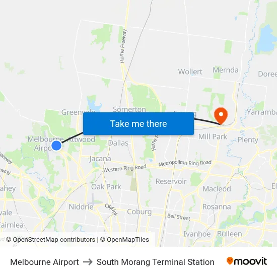 Melbourne Airport to South Morang Terminal Station map