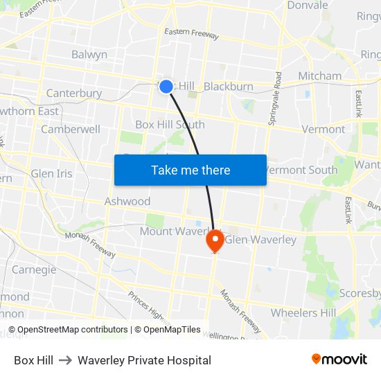 Box Hill to Waverley Private Hospital map