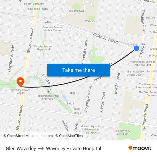 Glen Waverley to Waverley Private Hospital map