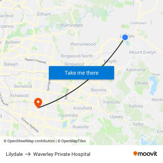 Lilydale to Waverley Private Hospital map