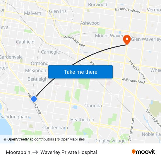 Moorabbin to Waverley Private Hospital map