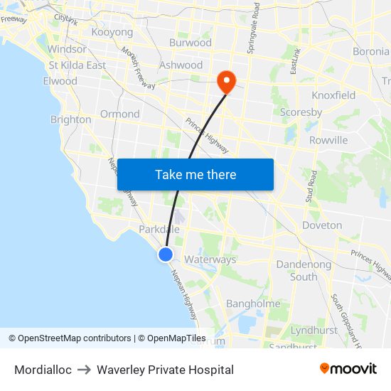 Mordialloc to Waverley Private Hospital map