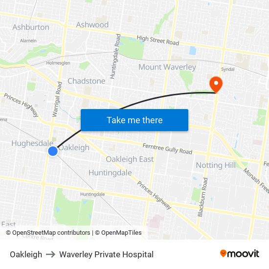 Oakleigh to Waverley Private Hospital map