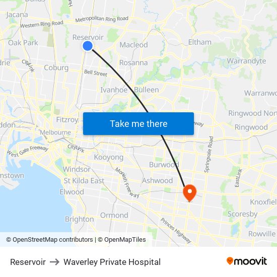 Reservoir to Waverley Private Hospital map