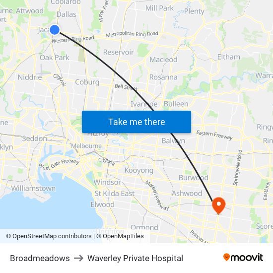 Broadmeadows to Waverley Private Hospital map