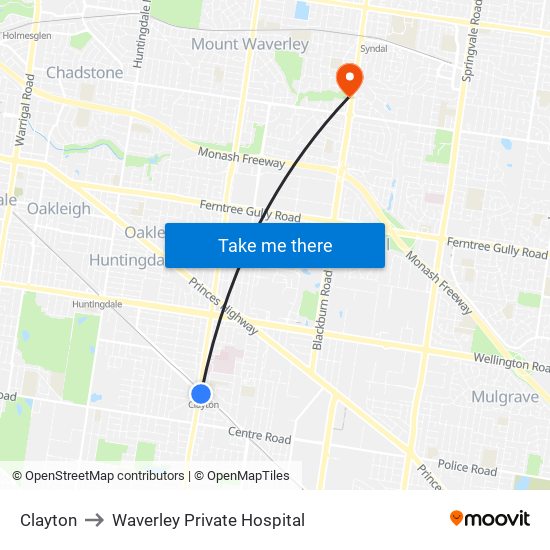 Clayton to Waverley Private Hospital map