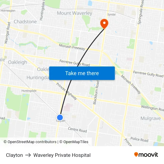 Clayton to Waverley Private Hospital map