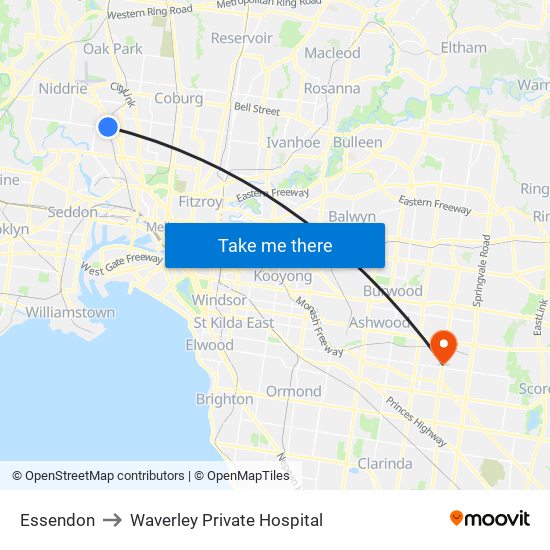 Essendon to Waverley Private Hospital map