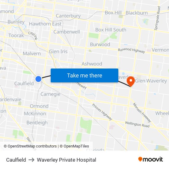 Caulfield to Waverley Private Hospital map