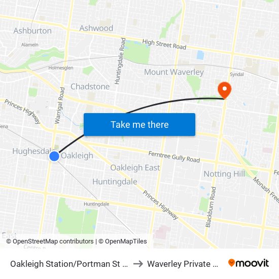Oakleigh Station/Portman St (Oakleigh) to Waverley Private Hospital map