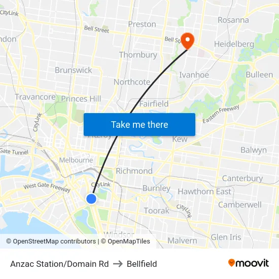 Anzac Station/Domain Rd to Bellfield map