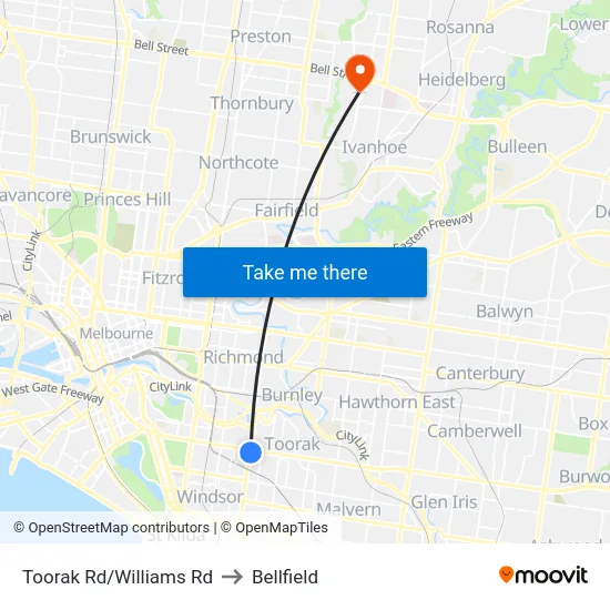 Toorak Rd/Williams Rd to Bellfield map
