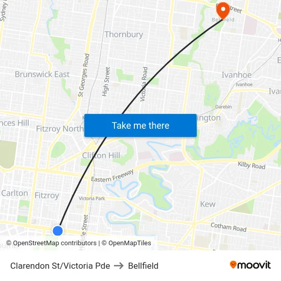 Clarendon St/Victoria Pde to Bellfield map