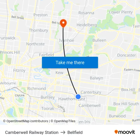 Camberwell Railway Station to Bellfield map