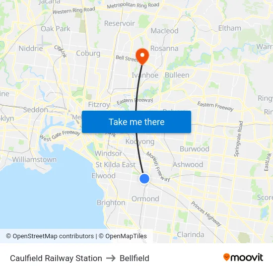 Caulfield Railway Station to Bellfield map